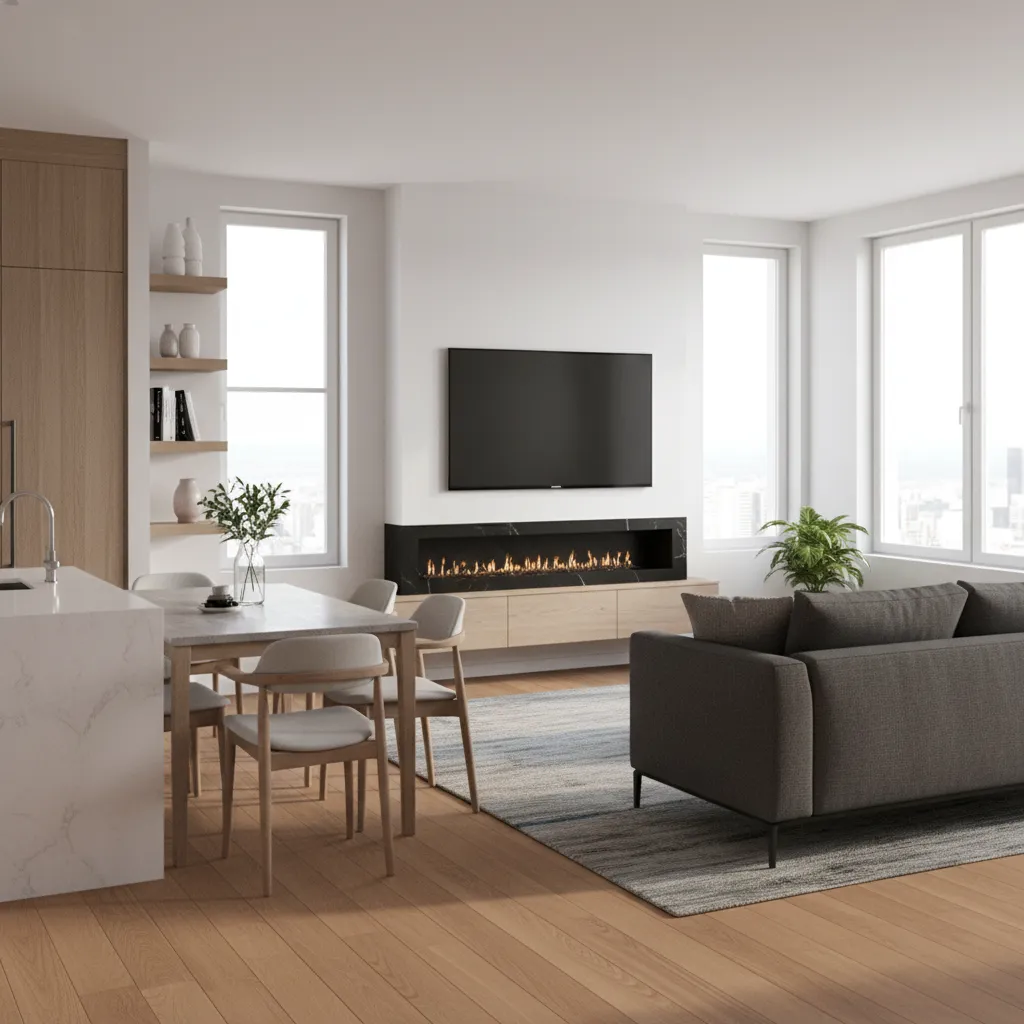 Thiết kế nội thất căn hộ nhỏ với bố cục sofa và bàn ăn hợp lý