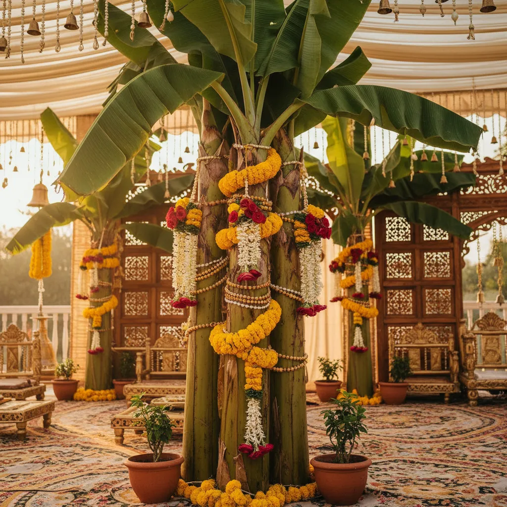 Real banana tree trunks used in traditional mandap decoration