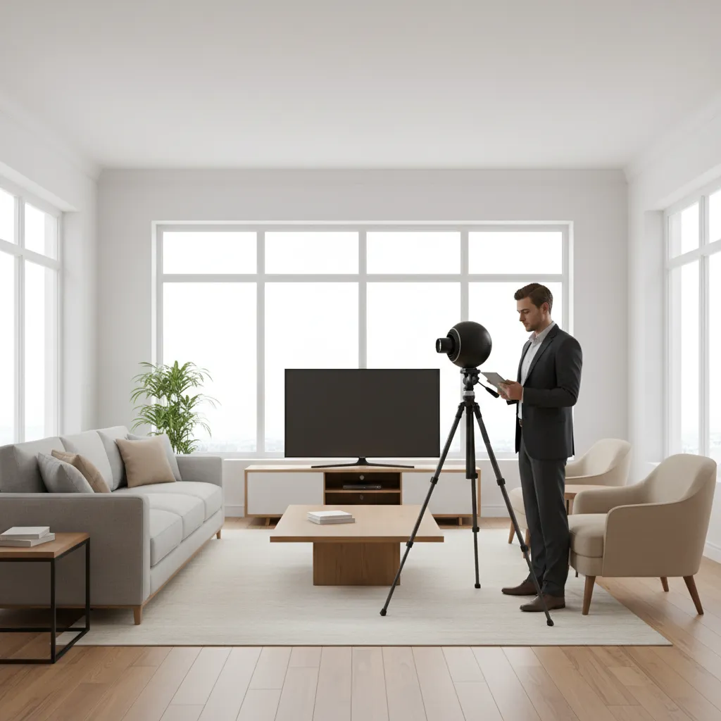 Real estate agent scanning living room with a 360 camera for floor plan documentation