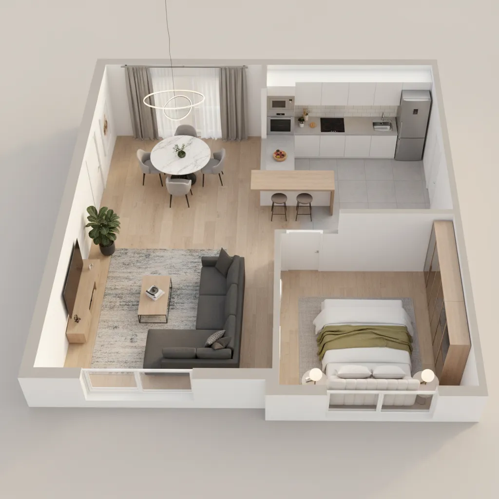 real estate marketing 3D floor plan showing furnished apartment layout
