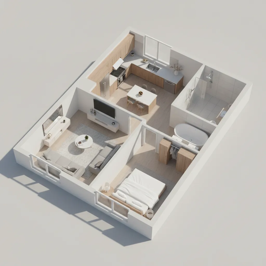 clean furnished 3D apartment floor plan used for property marketing