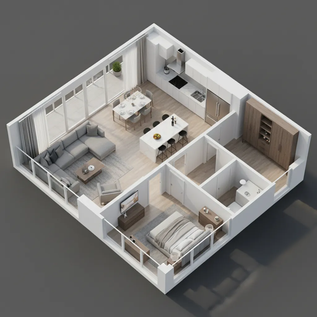 3D floor plan of a modern apartment showing furniture layout and room connections