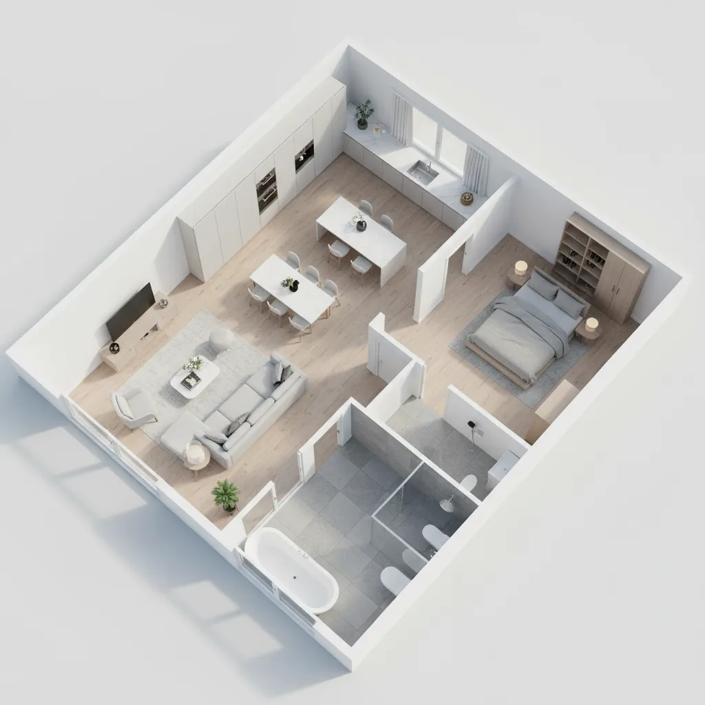 3D floor plan layout of a modern apartment used for real estate listing visualization