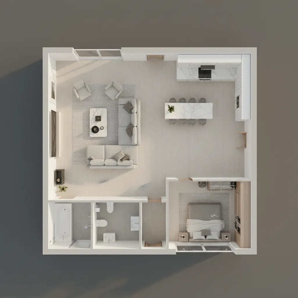 overview of a furnished apartment 3D floor plan rendering