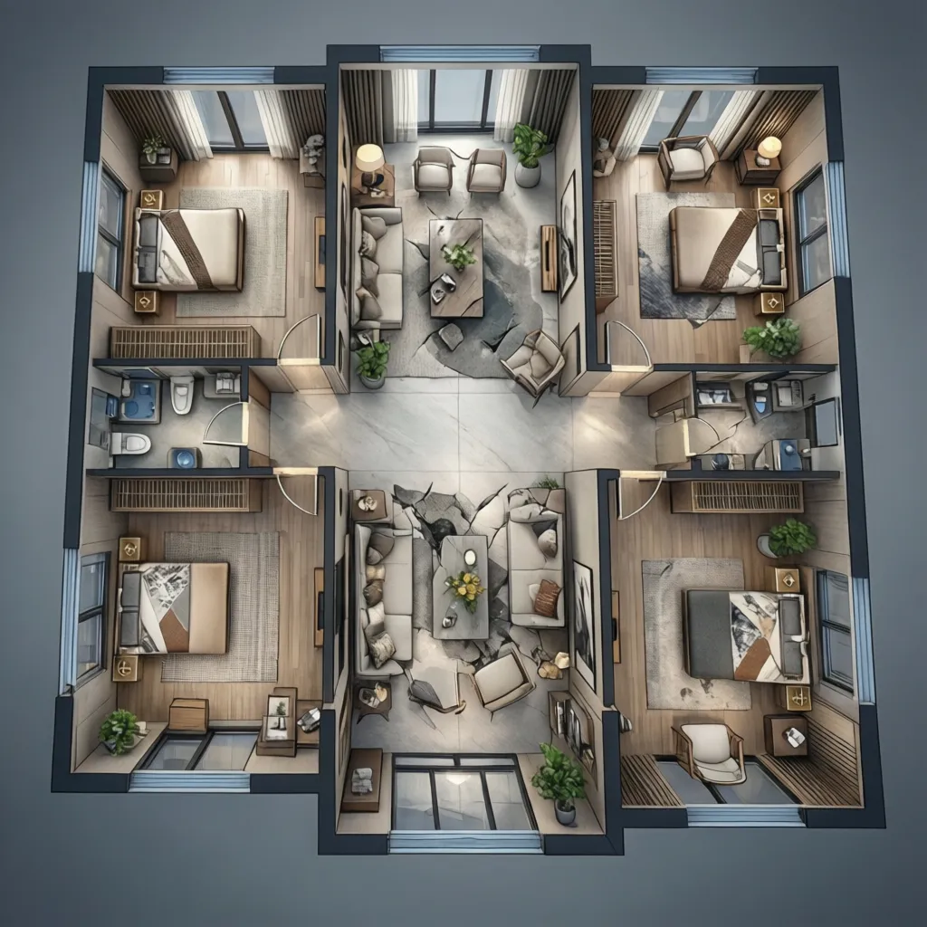 3D floor plan visualization of a furnished home used in real estate marketing