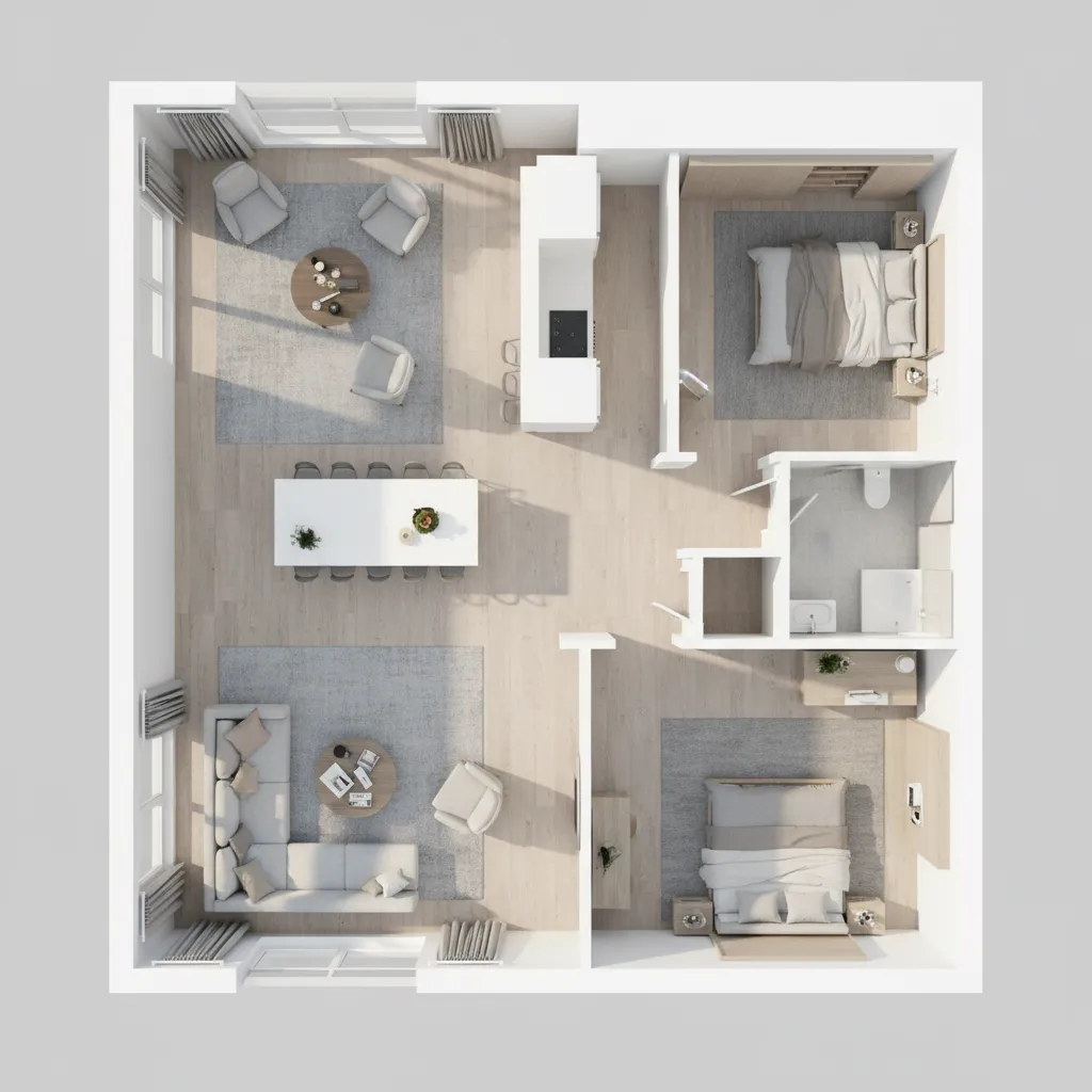 3D furnished apartment floor plan used for real estate marketing