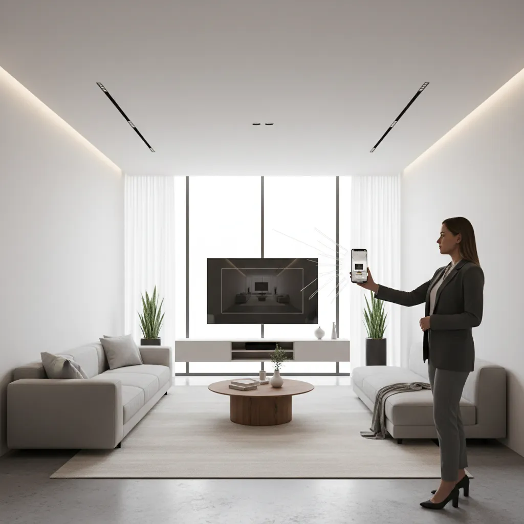 real estate agent recording 3D video walkthrough of modern home interior