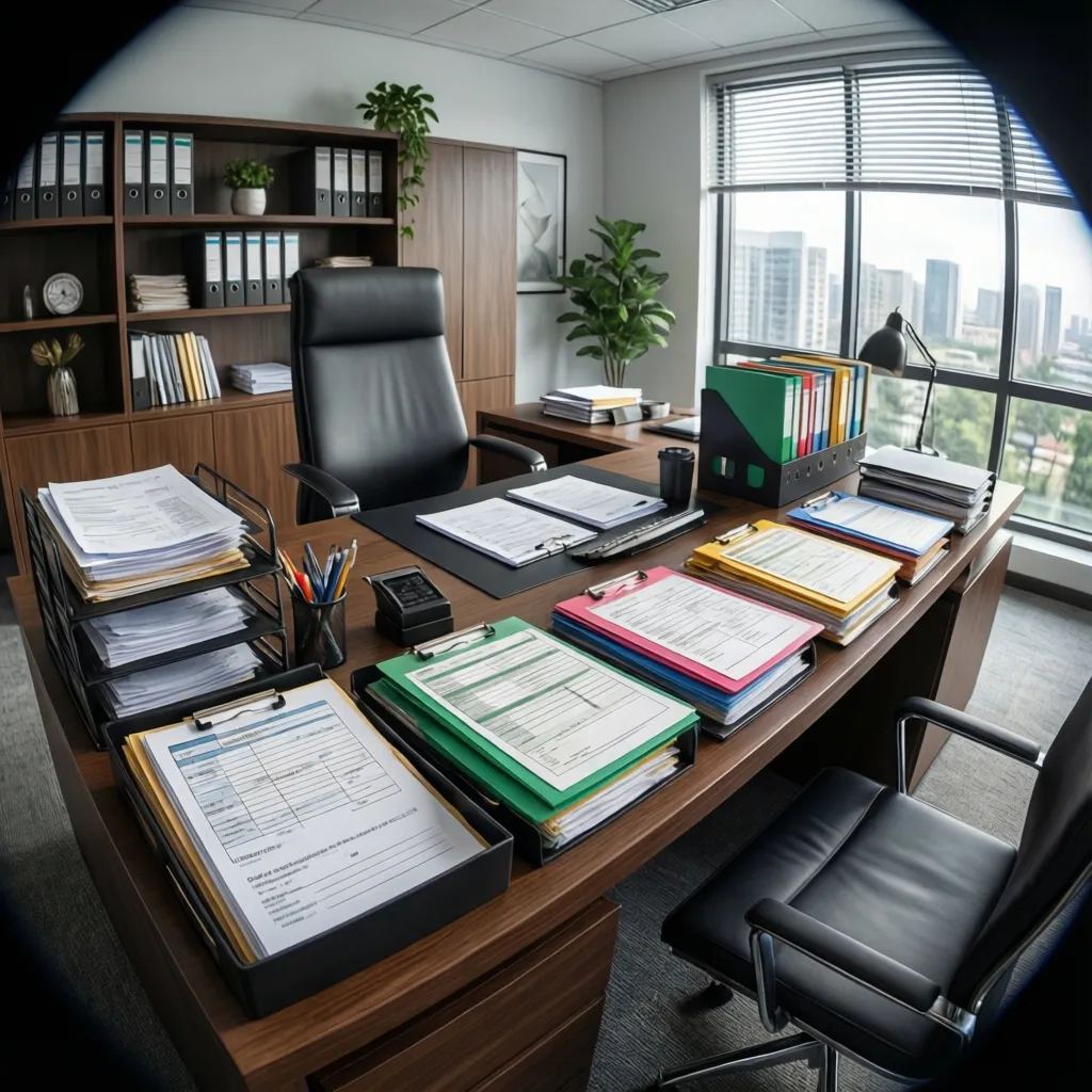 Real estate agent home office with transaction folders and organized document trays