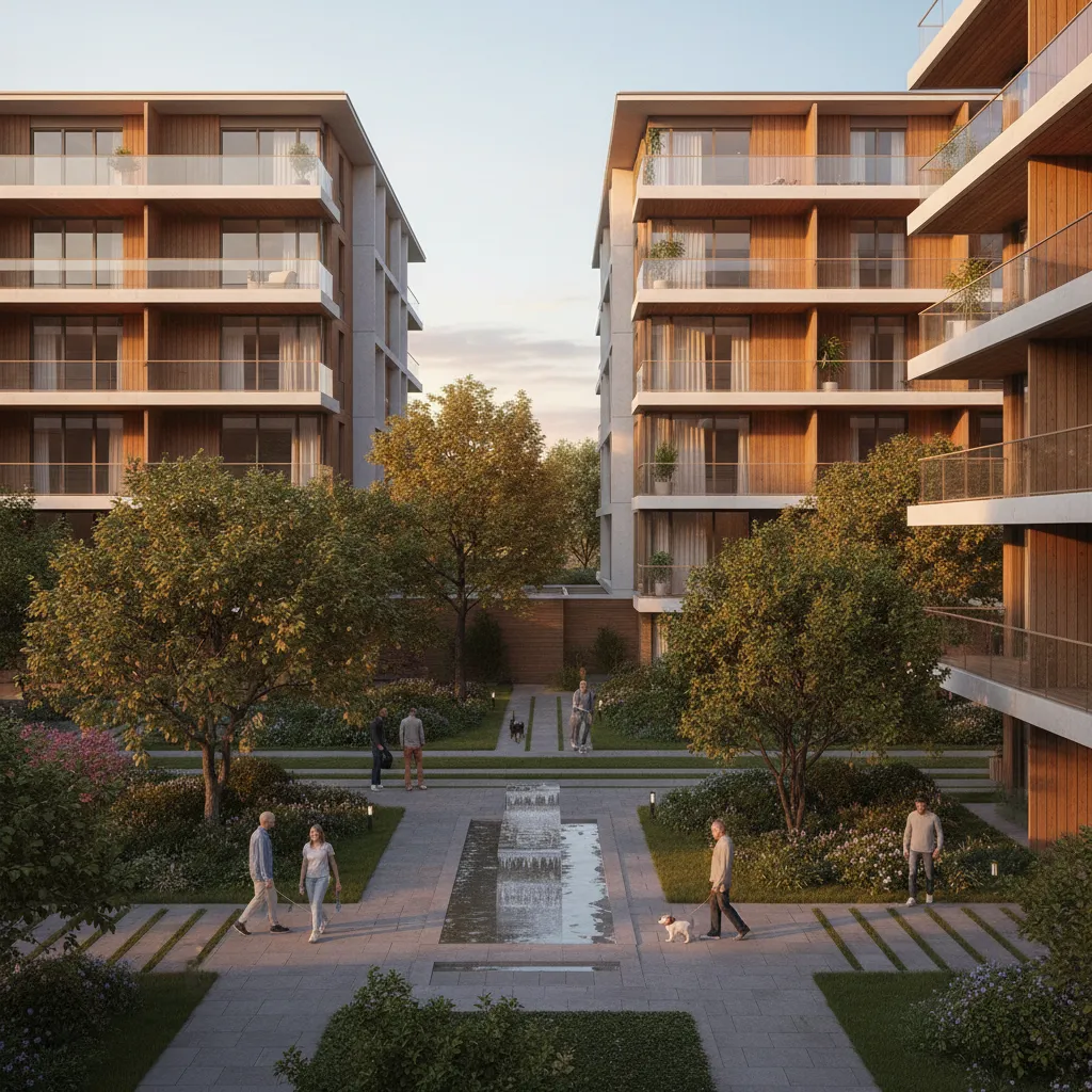 Exterior 3D rendering of a modern apartment development used for real estate marketing