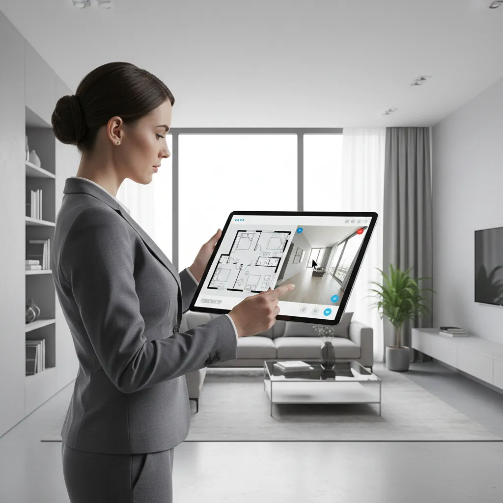 Real estate listing screen showing 360 tour and generated floor plan layout