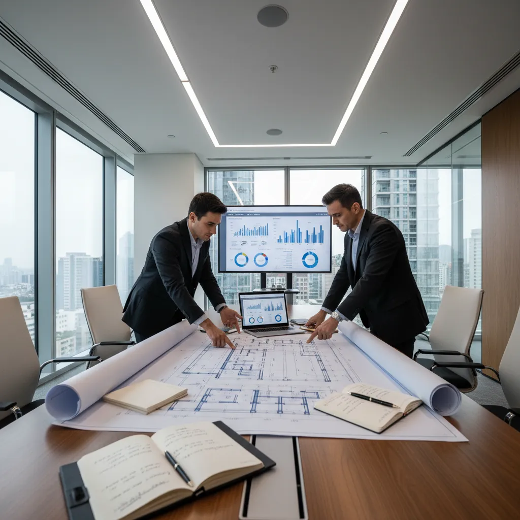 real estate analysts reviewing commercial building floor plan for investment evaluation