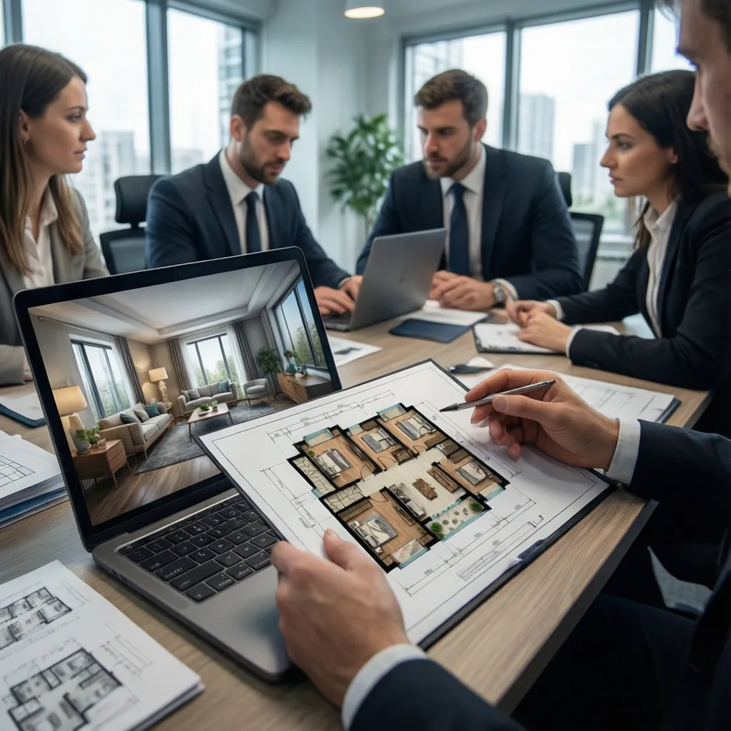 Real estate team reviewing marketing floor plan and property visuals on laptop and tablet