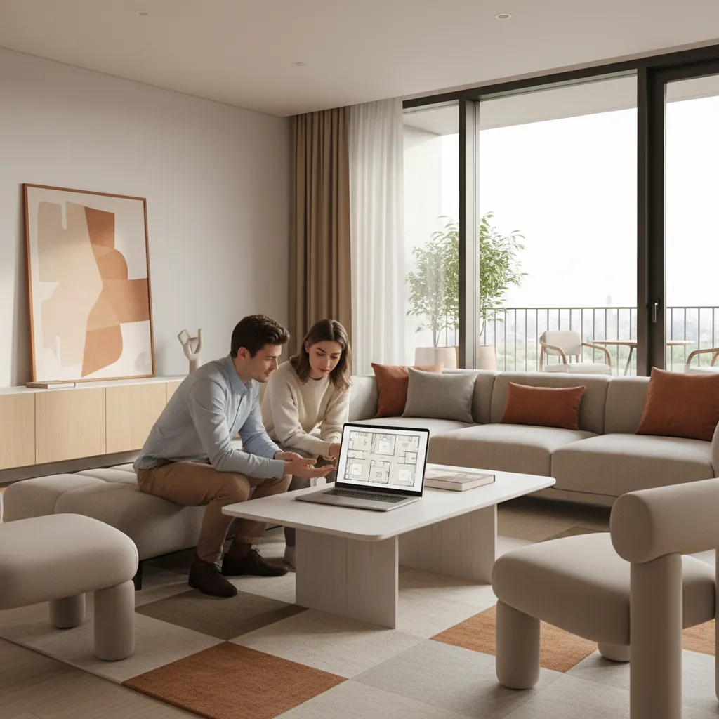 Couple sitting on sofa in modern living room looking at floor plan on laptop screen