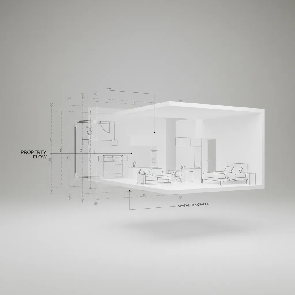 White interior design drawing showing floor plan and furnished room with sofa and bed layout