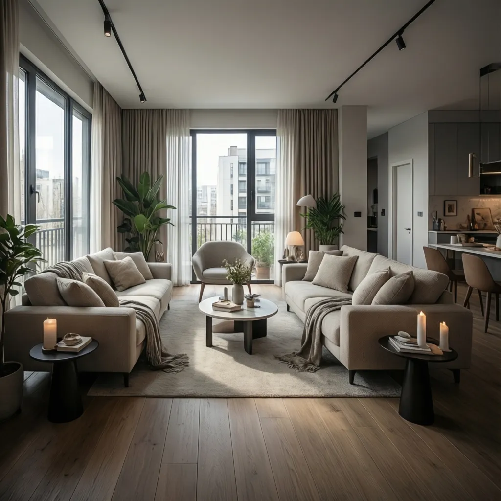 Modern living room with beige sofas round coffee table wooden floor and natural light windows