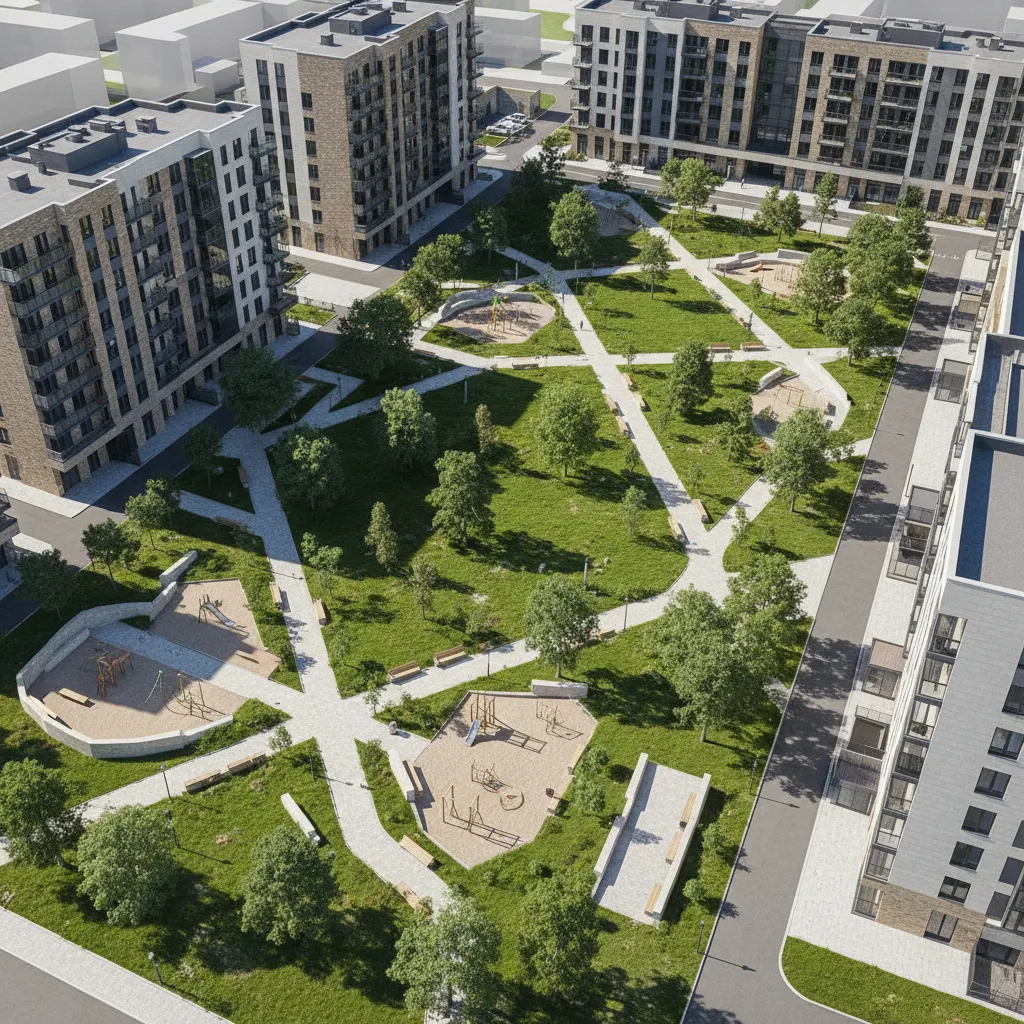 3D landscape rendering of a real estate development with green park and apartment buildings