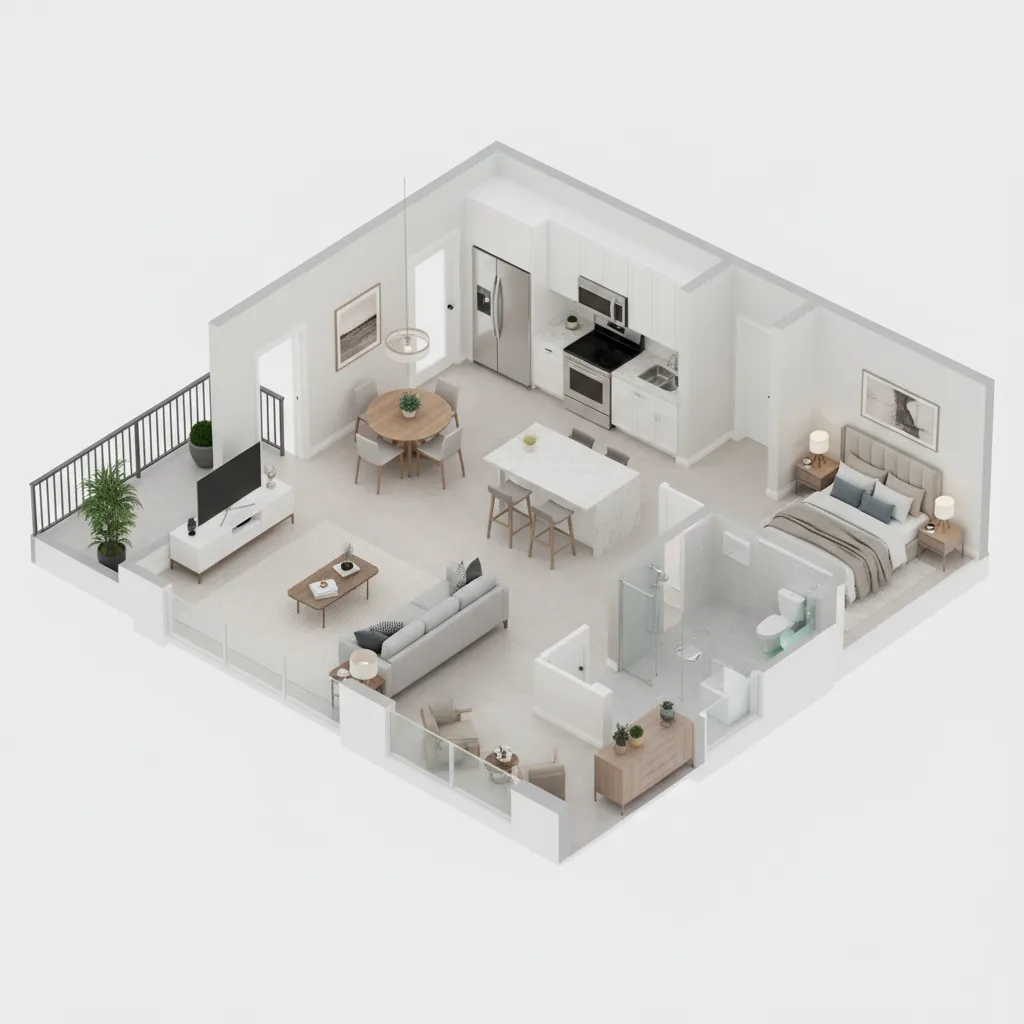 isometric floor plan used in real estate listing with labeled rooms and furniture layout