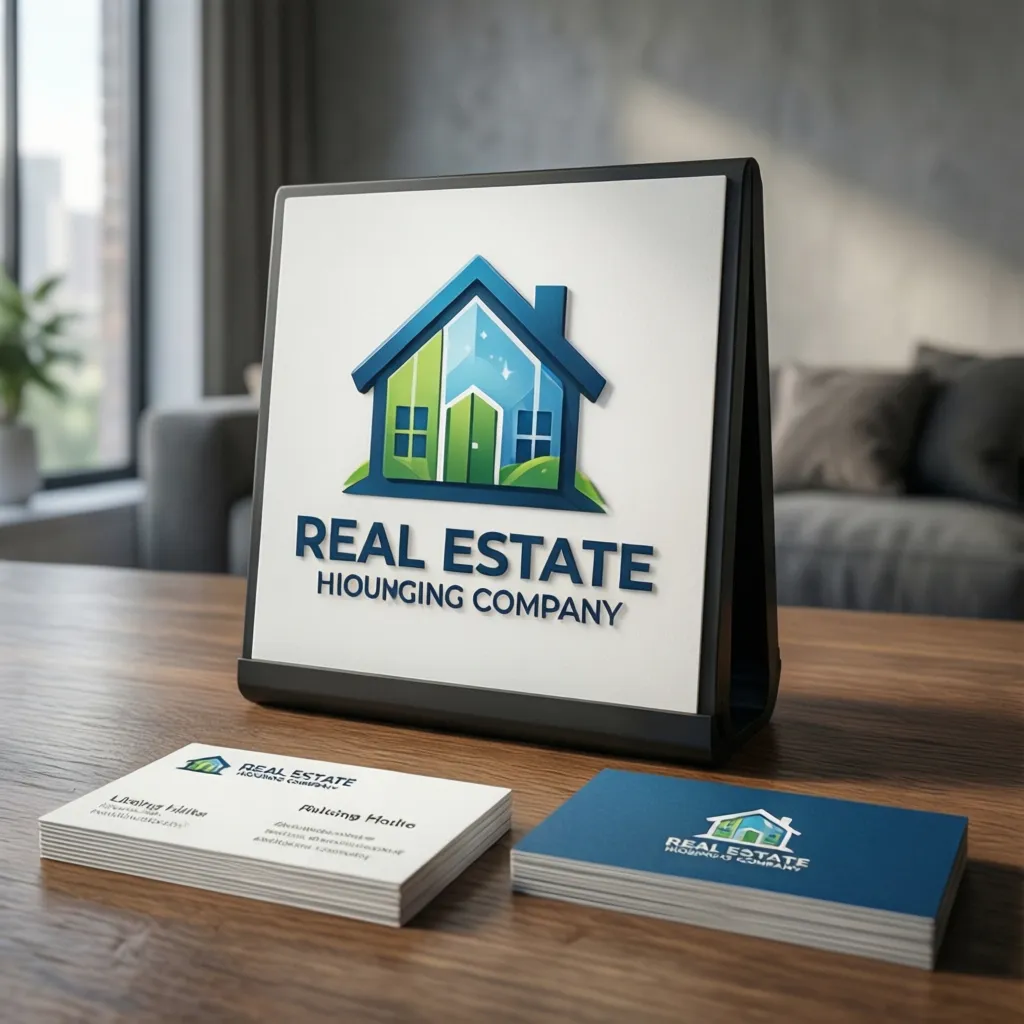 mockup de logotipo inmobiliario aplicado en cartel y tarjetas de negocio