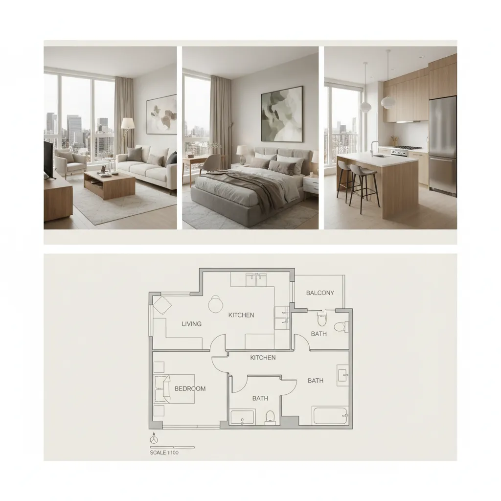 Real estate marketing presentation combining apartment photos and floor plan layout