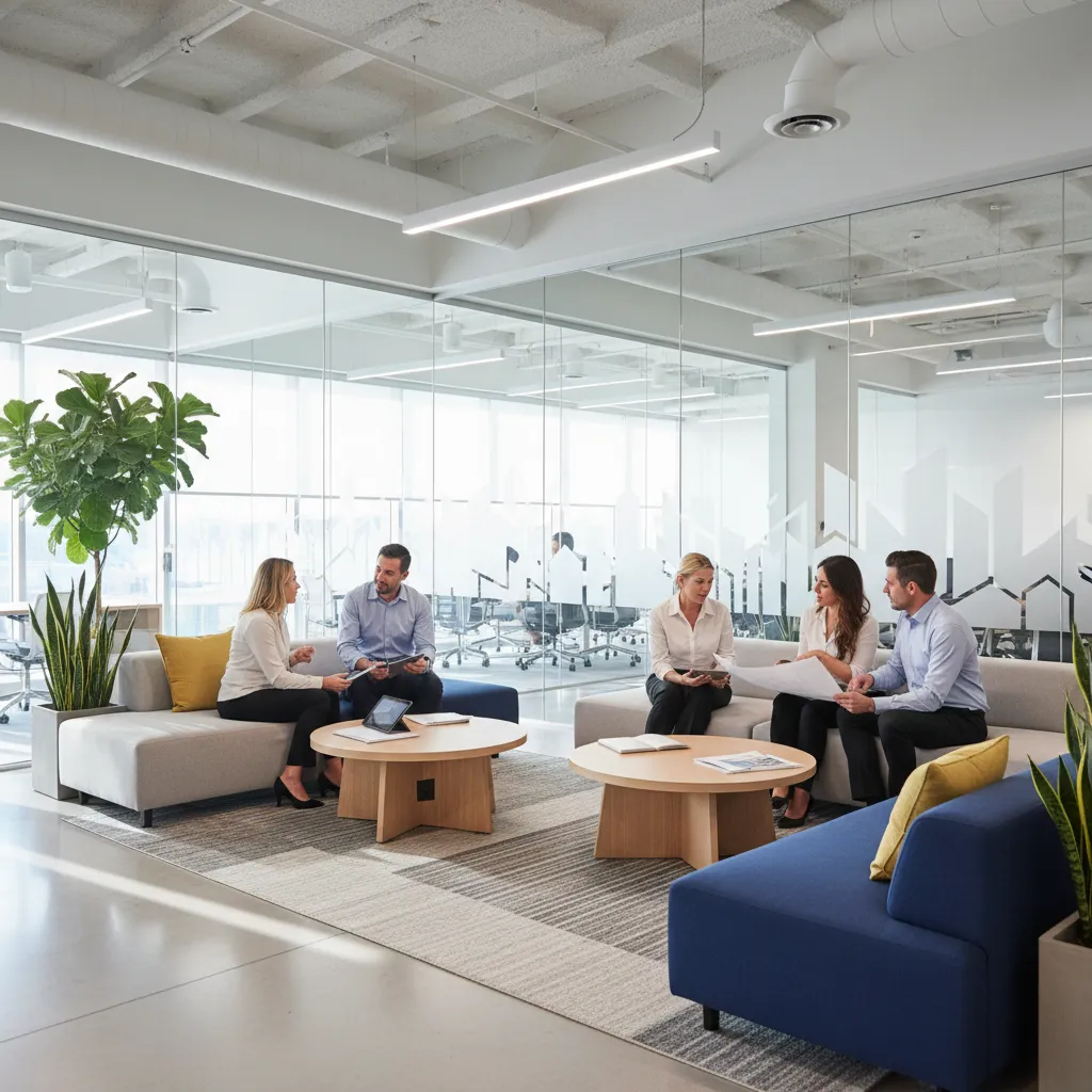 collaboration lounge area in modern real estate office