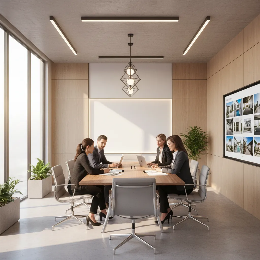 Real estate agents collaborating around a central meeting table