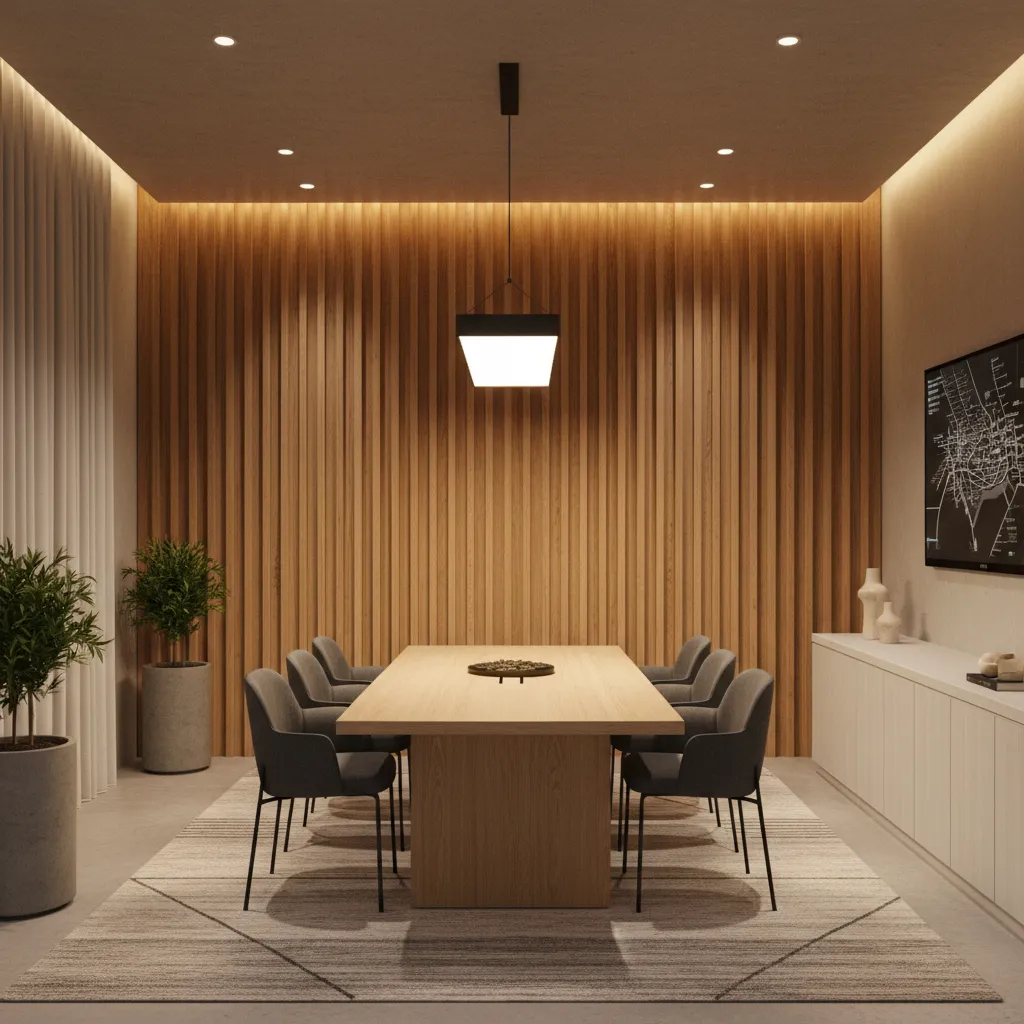 modern real estate office with wood slat feature wall behind desk