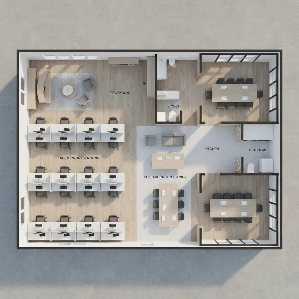 real estate office floor plan zoning showing reception workspaces and meeting rooms