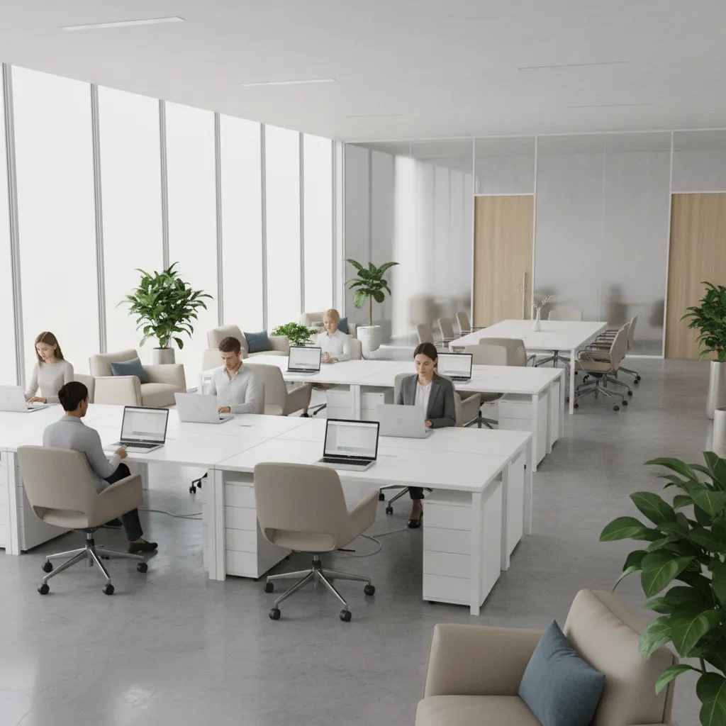 open real estate brokerage workspace with shared desks and collaborative environment
