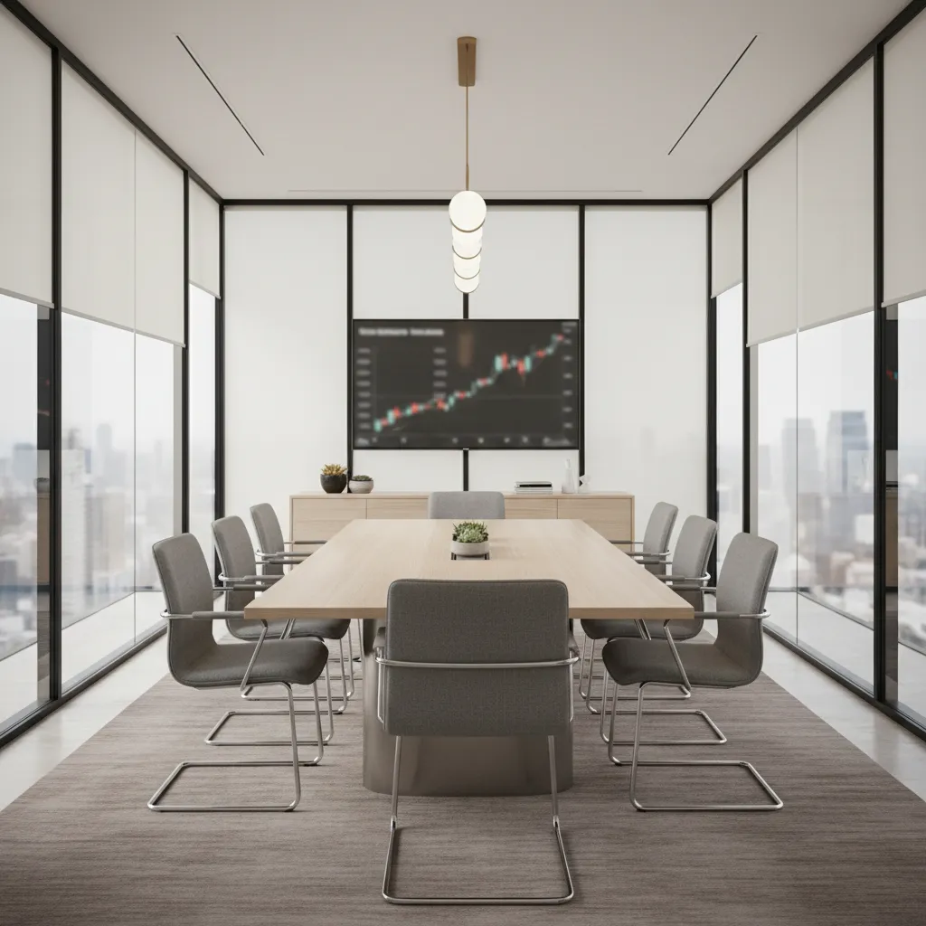 Glass meeting room inside brokerage office used for negotiations