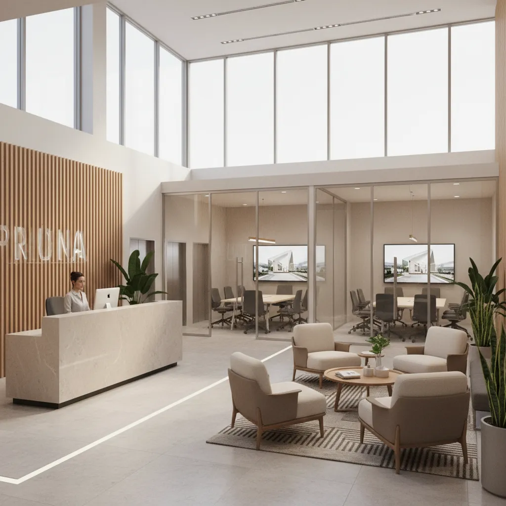real estate office reception area connected to meeting rooms