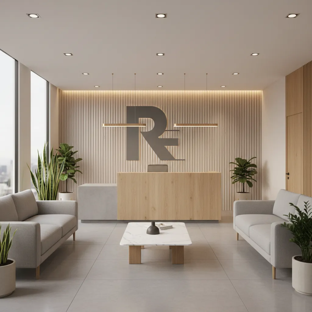 real estate office reception with branded wall and seating area