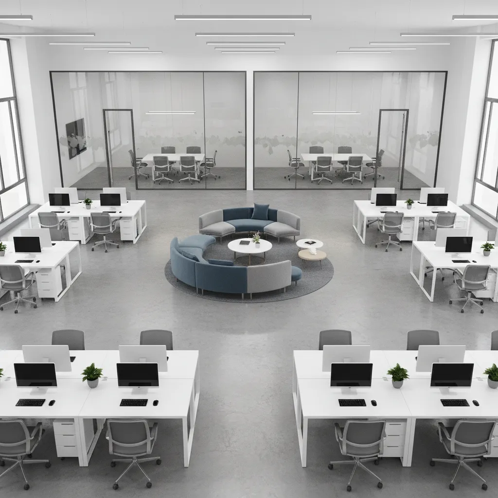 Structured workstation layout inside a real estate brokerage office