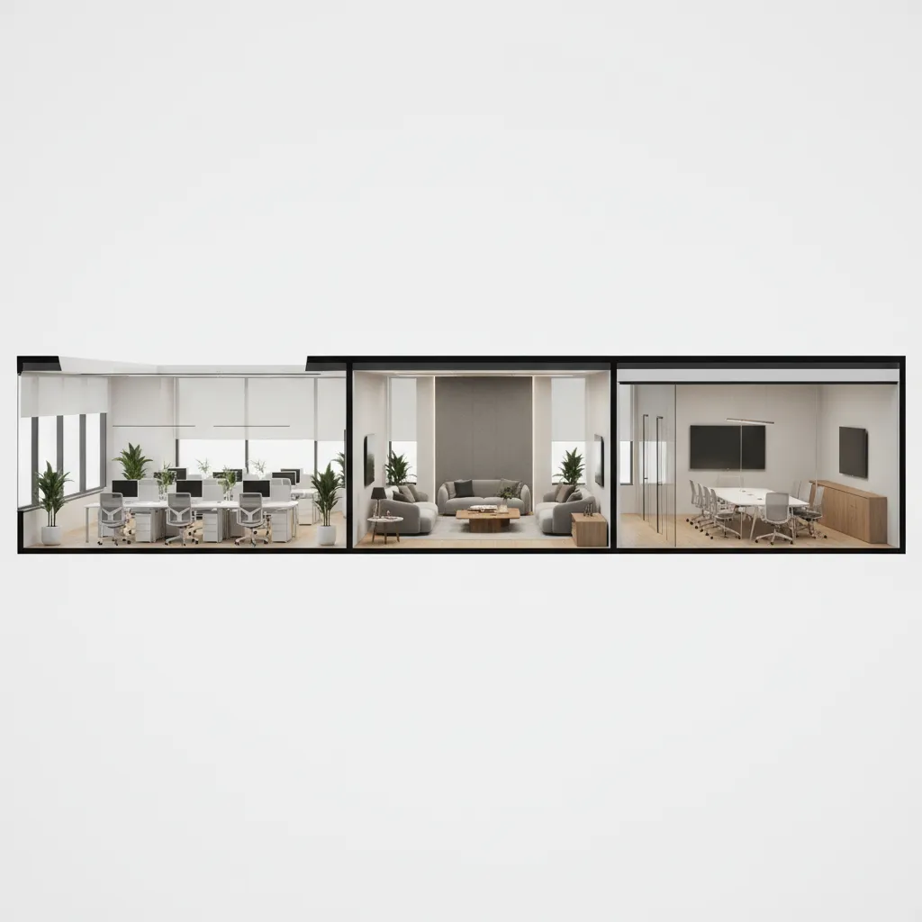 Modern real estate office layout showing different workspace zones