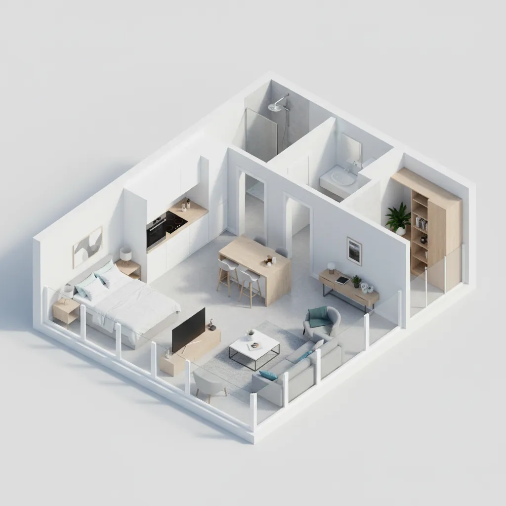 real estate property marketing 3D floor plan showing furnished rooms in an apartment listing