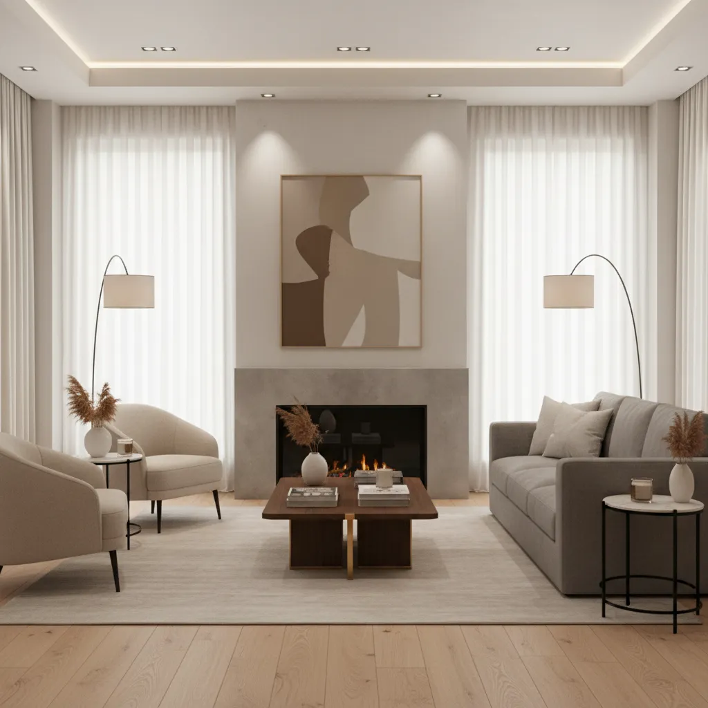 Living room staging focused around fireplace focal point