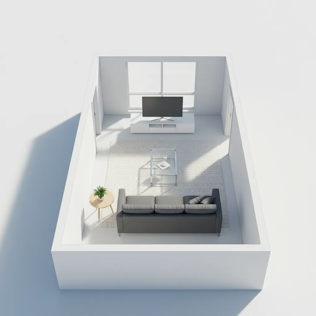 Virtual furniture layout inside an empty apartment floor plan used for real estate marketing