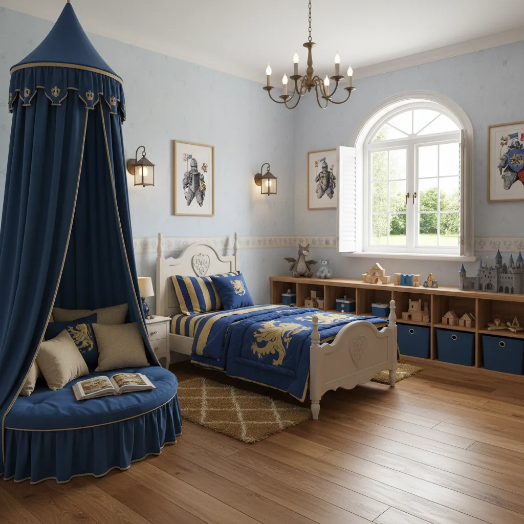 Realistic prince themed children's bedroom with reading nook and canopy detail