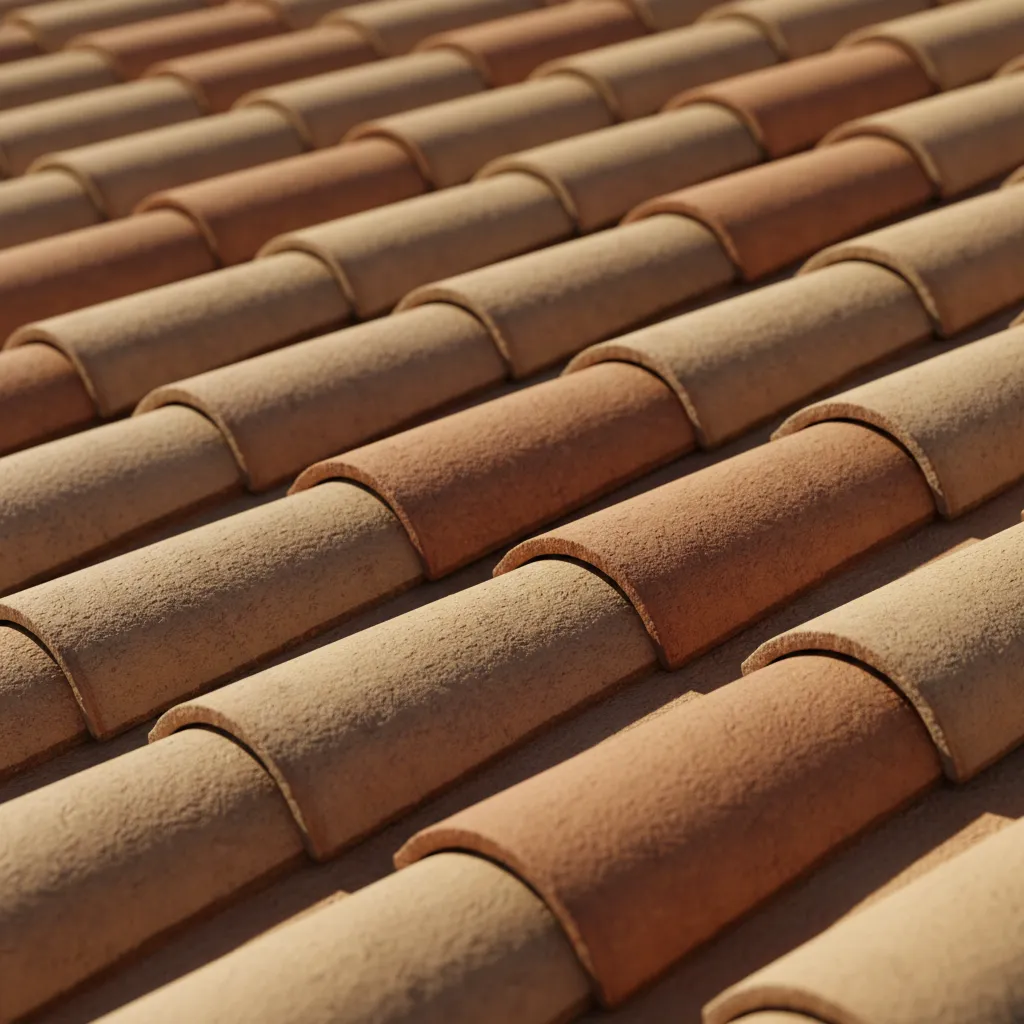Close view of traditional curved clay terracotta roof tiles on Mediterranean house
