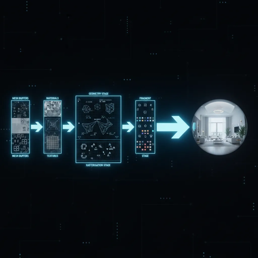 Diagram style visualization of a real time 3D model loading pipeline