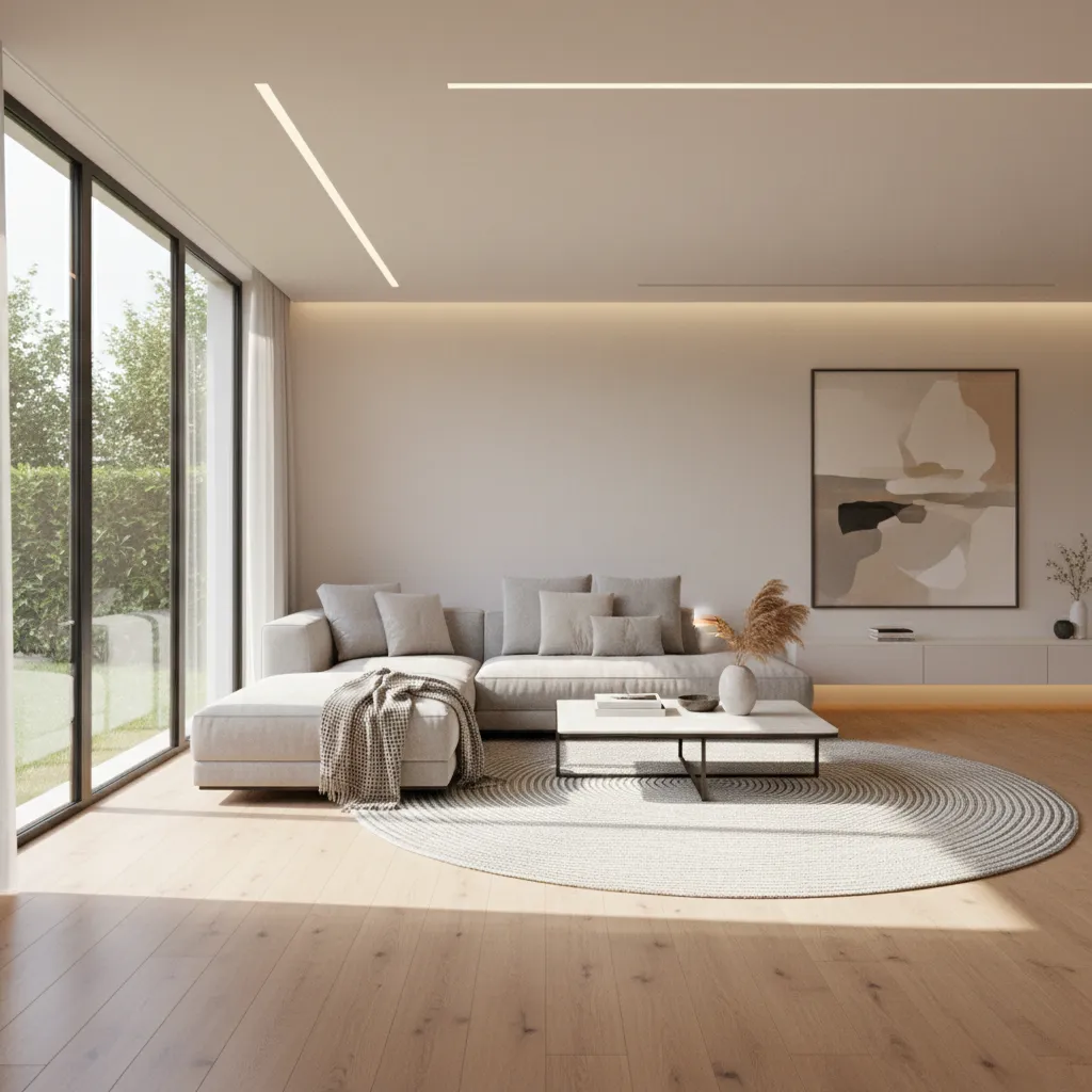 Real time 3D rendering preview of a modern living room scene