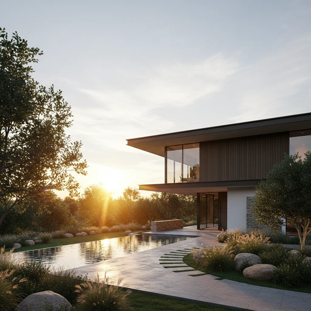 real time architectural rendering showing modern house exterior with realistic lighting