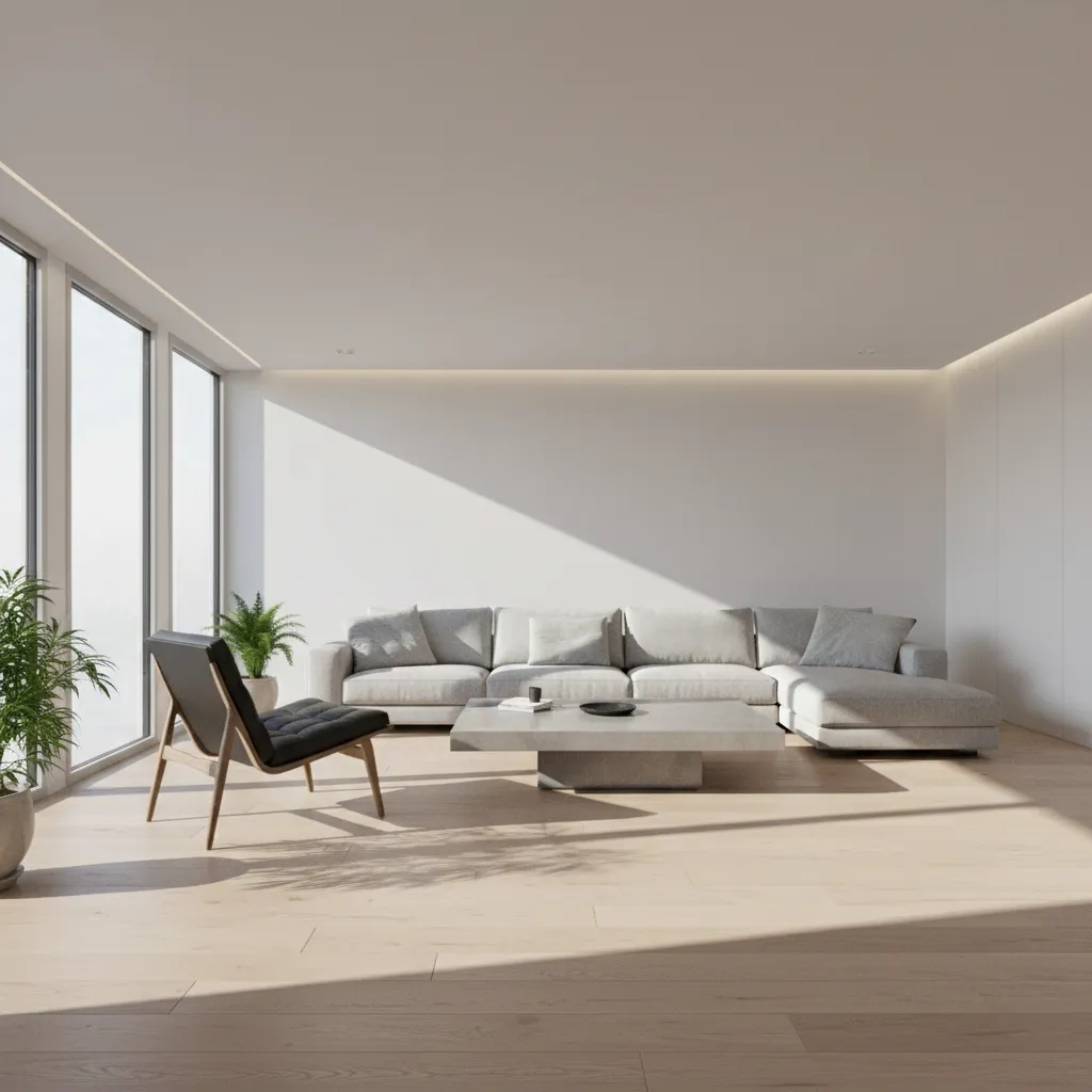 3D interior visualization showing objects grounded with soft floor shadows