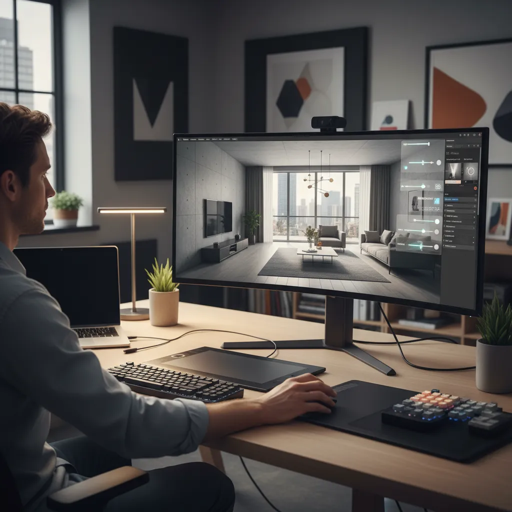 designer adjusting lighting in real time interior rendering software