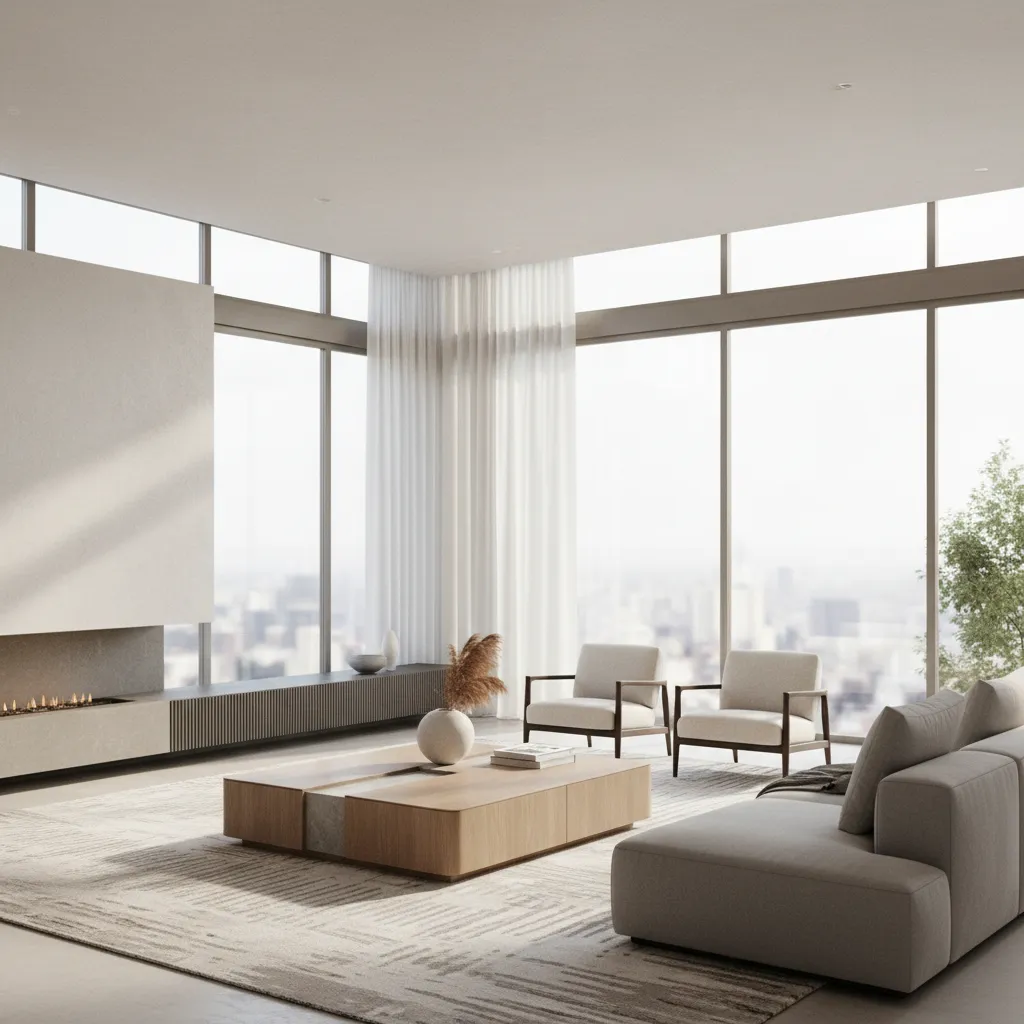 real time interior rendering of modern living room with natural lighting