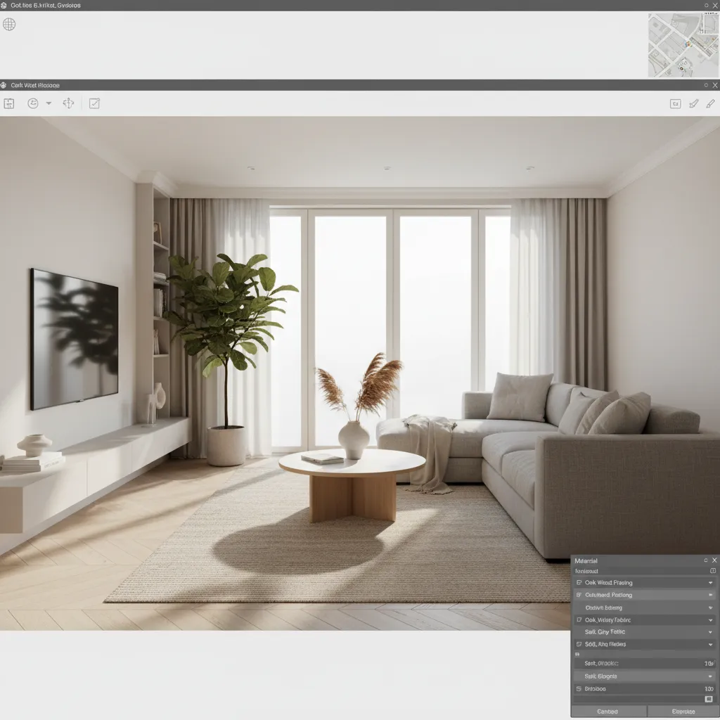 real time interior rendering preview of modern living room with lighting controls