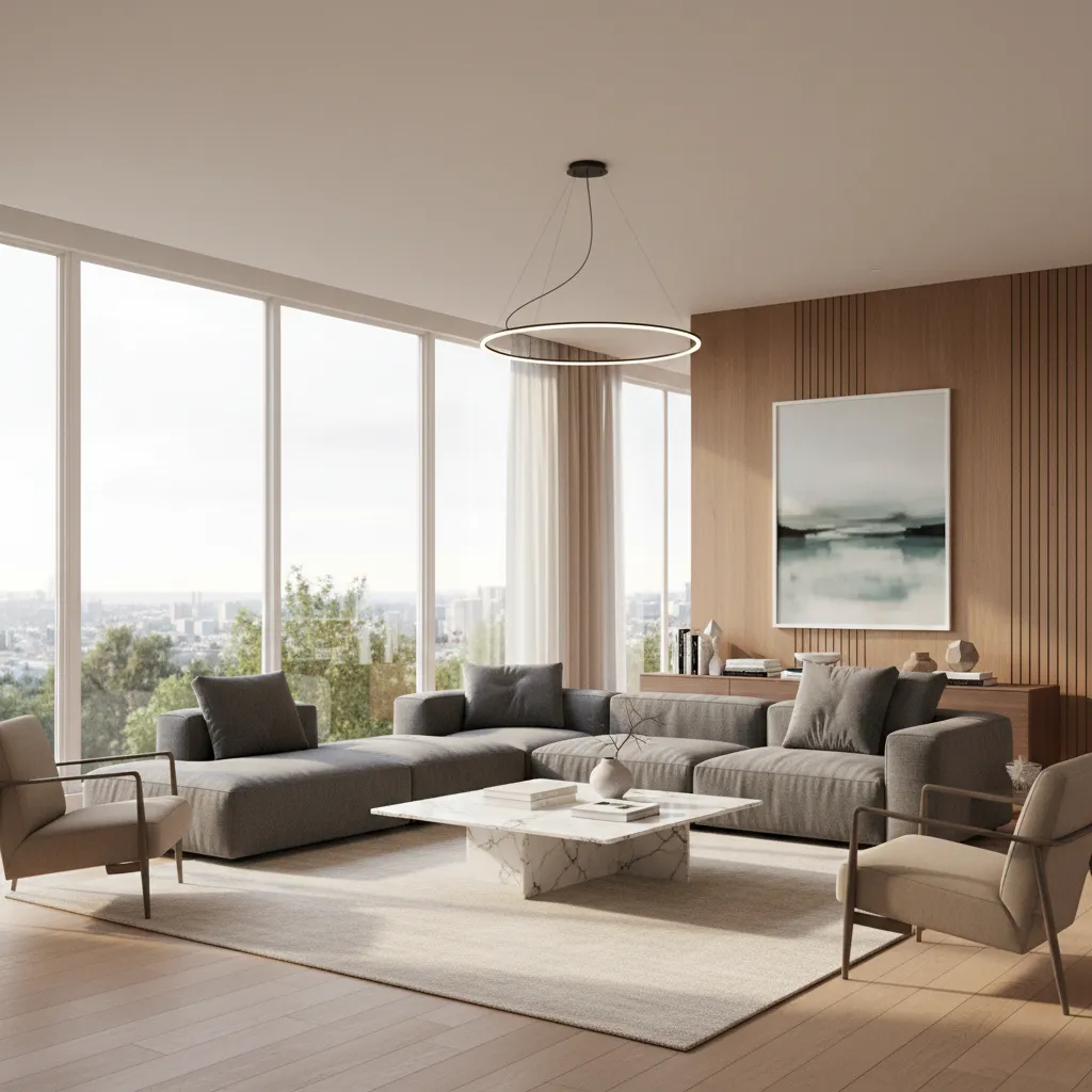 Real time interior rendering showing modern living room lighting and materials