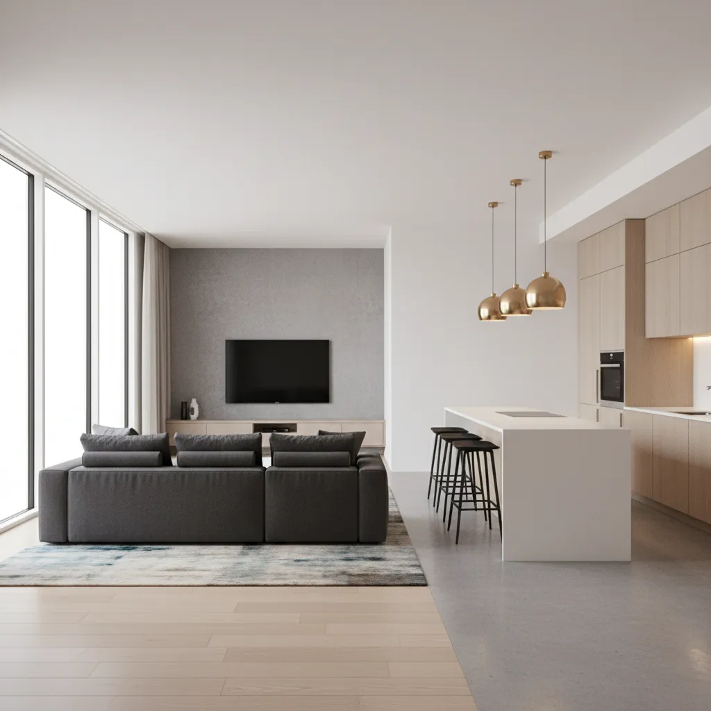 real time interior rendering preview with lighting adjustments in a modern apartment scene