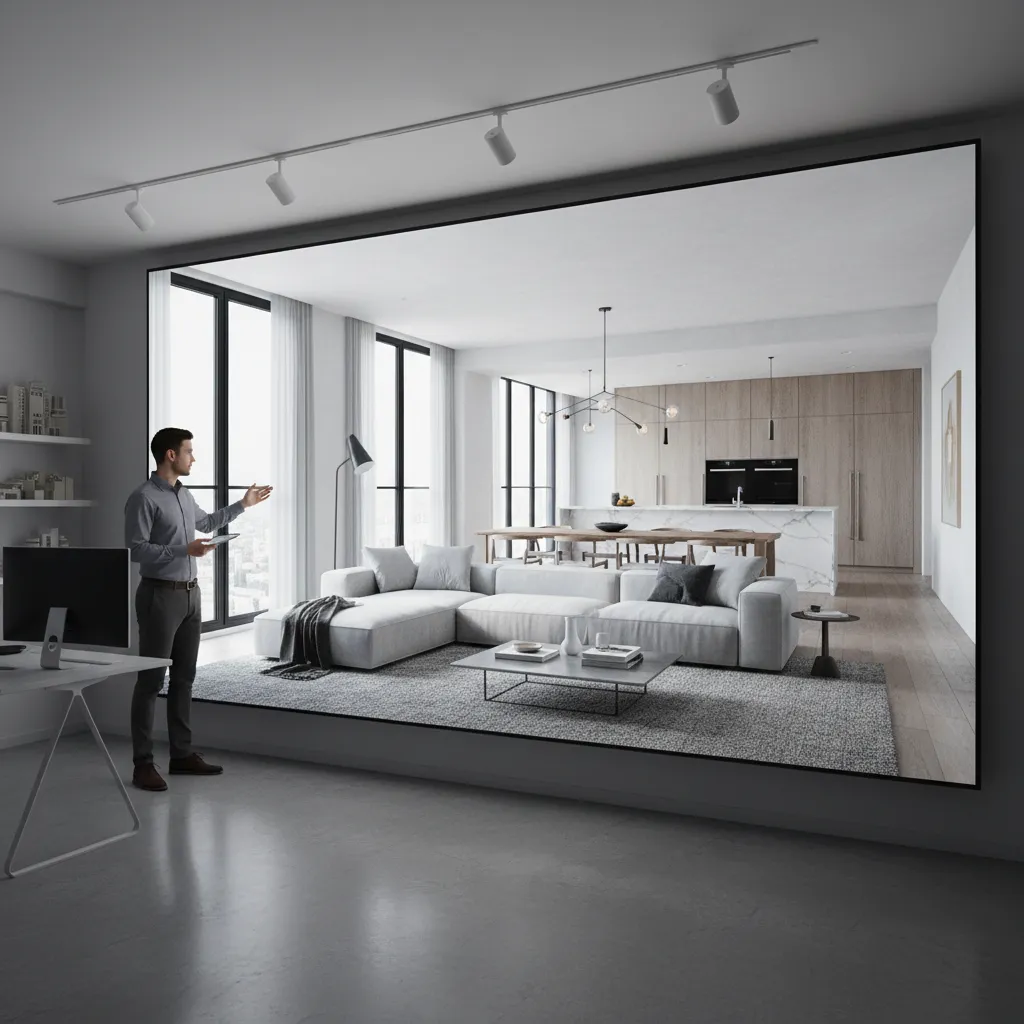 Real time interior rendering walkthrough on large screen showing modern apartment design
