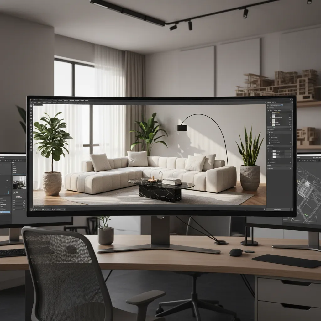 Real time interior rendering preview showing modern apartment design