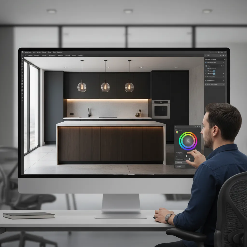 Designer using computer creating modern kitchen with dark cabinets and island in interior design software